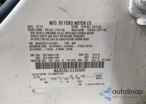 2020 Ford Ecosport Se z USA, uszkodzony, nr VIN MAJ6S3GL1LC345097